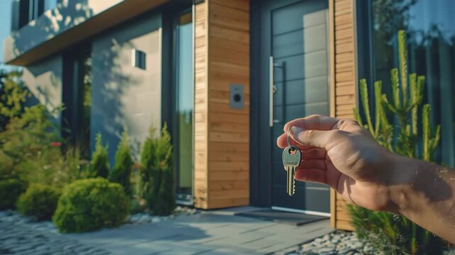 A locksmith holding a new key beside a modern door entrance in summertime, Generative AI Videos.