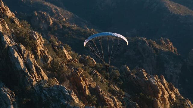 Person paragliding over rugged canyon, sunset casting long shadows and warm golden light on rocks and parachute canopy