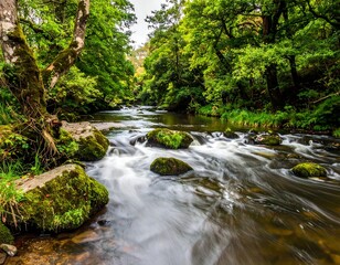 Obraz premium Fast-flowing river, mossy rocks, lush forest