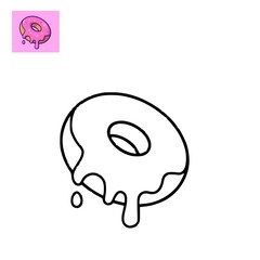 Colouring page Simple black and white line art of a dripping doughnut for a coloring book page, an easy-to-color sweet pastry illustration
