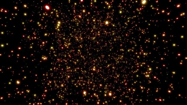 Parallax effect of glowing fiery particles rotating seamlessly against a black background 3d render. Looping abstract rotating particle overlay for greetings, holidays, weddings, awards, Christmas