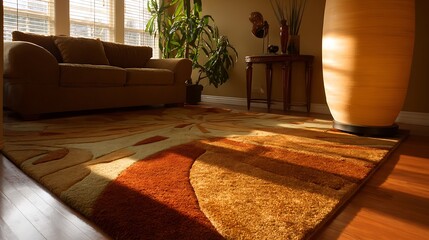 Modern living room with a large rug and a couch , natural light, streaming in through the windows