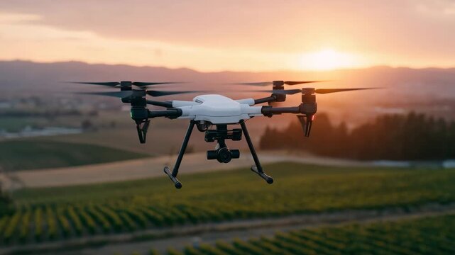 Shahed-type drone flying above a patchwork of crops at sunset, long shadows stretching across fields, warm light reflecting off fuselage, cinematic composition