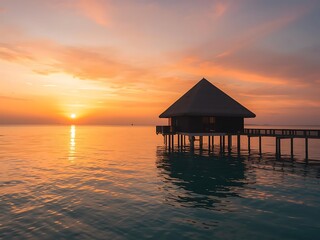 Serene overwater bungalow at sunset in tropical paradise