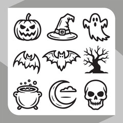 Spooky Halloween vector icon set illustration featuring cartoon pumpkin, ghost, bat, and witch hat silhouettes for an October holiday design