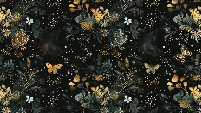 A dark cottagecore moth pattern with small moths, greens, golds and wildflowers, negative space filled in with delicate celestial elements, Generative AI Videos.
