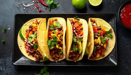 Tacos with Beef, Corn, and Colorful Toppings on a Black Plate