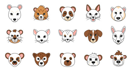 Obraz premium Collection of cute animal faces in cartoon style perfect for children's book illustration