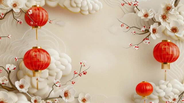 A 3d chinese background new year the design in the middle is empty, there cloud illustration, branch and flowers, Generative AI Videos.
