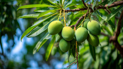 Close up of green mangoes hanging from a tree branch with leaves in the background