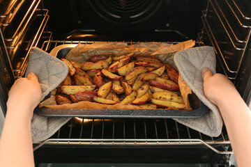 Woman taking baking tray with tasty baked potato out of oven, closeup
