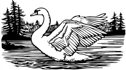 Elegant swan gliding on water with forest background illustration