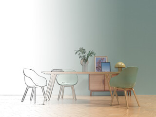 シンプルなリビングルーム、ダイニングルームのフォトリアル3Dイラスト,インテリア設計