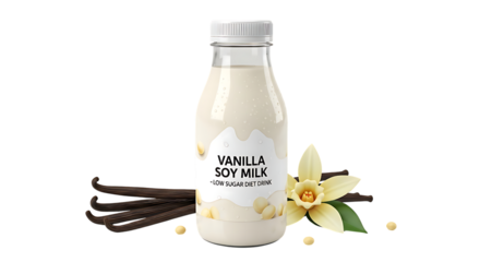 Vanilla soy milk with vanilla flower isolated on white isolated on transparent background