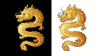 Fototapeta premium Elegant dual portrayal of a gilded asian serpentine dragon emblem on varied backgrounds