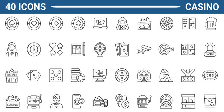 Casino line icon set. Includes cards, chips, slots, lottery, dice, and poker. Editable stroke. Vector illustration