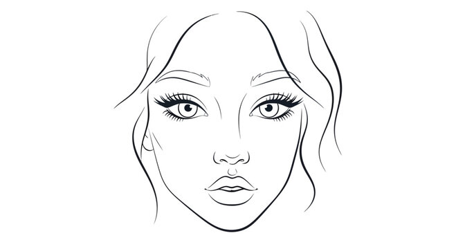 Elegant outline portrait of a young woman with wavy hair and makeup features sketch