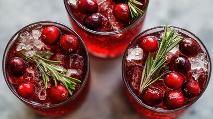Thanksgiving mocktail concept. Refreshing cranberry drinks garnished with herbs and berries.