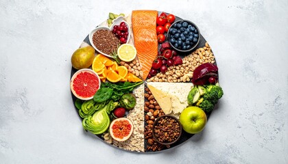 A vibrant, geometric assortment of nutritious foods perfectly arranged in a circle to represent a balanced diet and healthy lifestyle