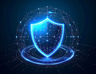 Futuristic cyber shield with digital sphere, protecting networked information