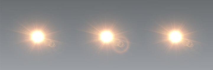 Set of bright glowing sun flares with light rays and lens effects.