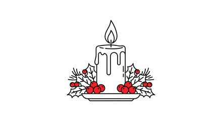 Obraz premium A festive candle with holly berries and mistletoe for holiday decorations.