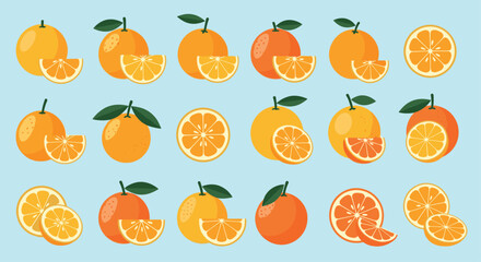 A delightful collection of fresh oranges and their slices.