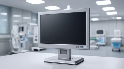 Fototapeta premium Business Healthcare Sector Modern hospital monitor on a desk with medical equipment in the background.