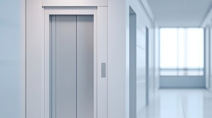 Fototapeta premium Business Healthcare Sector Modern elevator in a sleek, minimalist hallway with large windows and bright lighting.