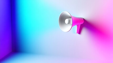 directional. Minimalist megaphone icon floating against an abstract gradient background in soft lighting. menu design, packaging mockups, designed for culinary blogs and recipe cards for restaurants.
