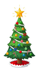 Obraz premium Decorated Cartoon Christmas Tree with Star Topper and Colorful Ornaments.