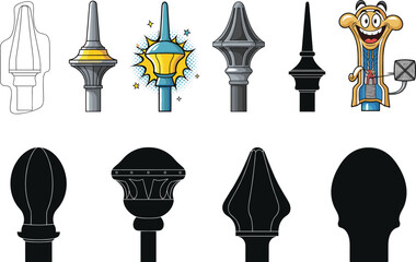 Collection of decorative metal spearhead and finial designs for fences, gates, and architectural elements in vector illustration style set