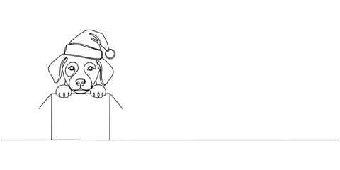 Continuous one line of puppy wearing Santa hat peeking out from inside box, style hand drawing vector illustration.