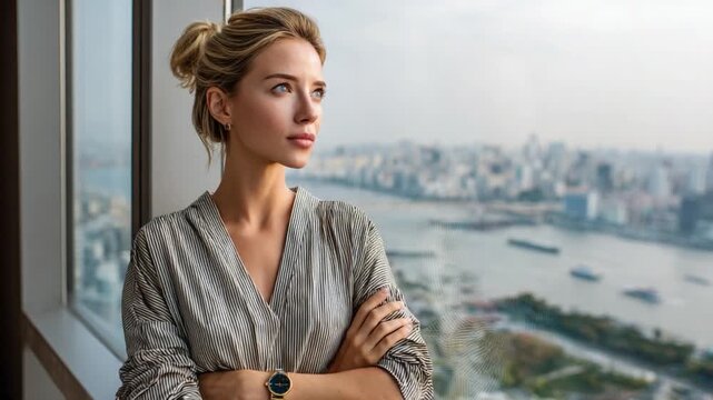 Visionary Woman and City View: A determined professional gazes thoughtfully from a high-rise window, surveying a bustling city skyline with a serene composure.