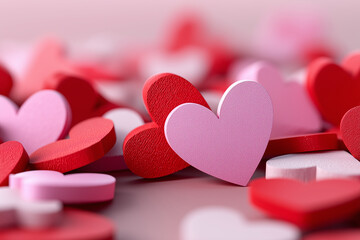 3d composition of multiple hearts in shades of red and pink forming abstract pattern, soft shadows, depth of field, love concept, 