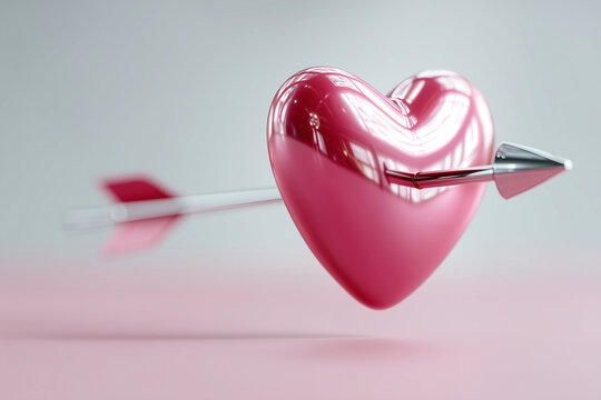 3d illustration of Cupids arrow piercing shiny heart, playful romantic composition, soft reflections, 