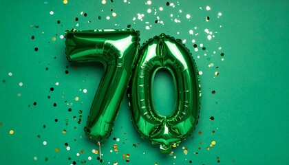 Green balloon number 70 with confetti on solid colored background. Photo for anniversary or birthday party
