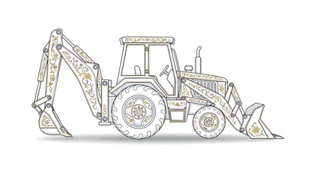 Naklejka premium Stylized backhoe loader with ornamental details offering a touch of whimsy in monochrome