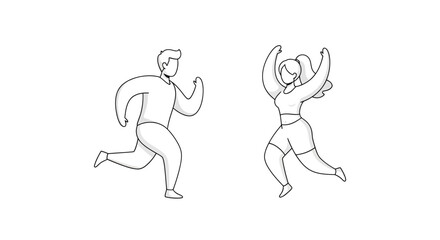 Fototapeta premium Outlined vector illustration of a man jogging and a woman exercising for fitness
