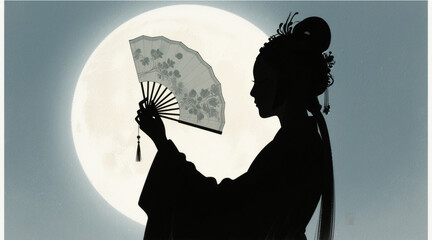 Silhouette of Chinese opera characters holding palace fans, beautiful oriental poetry