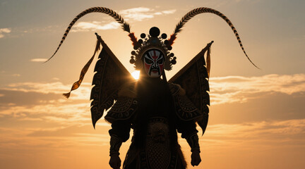 Silhouette of a Chinese opera Jing role, standing majestically with feathers on the helmet, creating a beautiful and shocking atmosphere