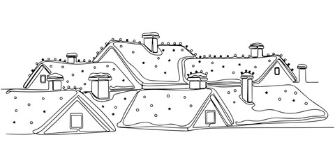 Continuous one line of snow-covered house roof with twinkling Christmas lights, style hand drawing vector illustration. © Haus