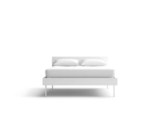 Minimalist white bed with pillows on a white background