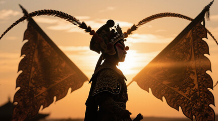Silhouette of a Chinese opera Jing role, standing majestically with feathers on the helmet, creating a beautiful and shocking atmosphere