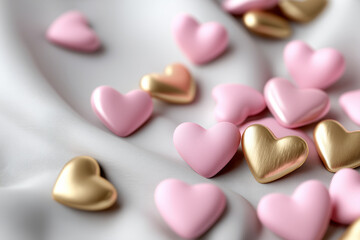 3d illustration of pink and gold hearts scattered on satin fabric, luxury romantic flat lay, soft textures, 