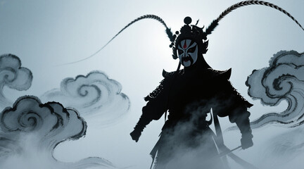 Silhouette of a Chinese opera Jing role, wearing a helmet and a majestic figure, with beautiful dramatic tension