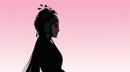 Silhouettes of Chinese opera characters, silhouettes of opera actresses, looking back and smiling, beautiful and romantic atmosphere