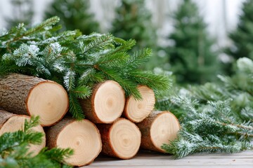 Logs with winter pine branches and snow decoration