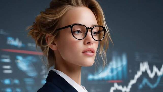 Sharp Vision: A focused analyst gazes with astute eyes, her glasses reflecting a panoramic display of financial data, representing business acumen and strategic thinking.