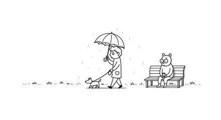 A monochrome sketch showcasing a rainy day with a person walking a dog and a pensive bear